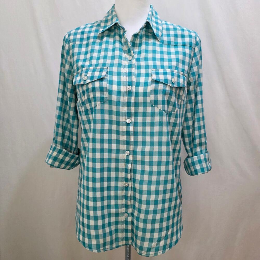 Forever 21 Teal Gingham Button Down Western Roll Up Sleeve Fitted Shirt, Small